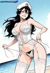 1girl 2d absurd_resolution absurdres adult ai ai-created ai_art ai_generated anime anime_coloring anime_screenshot bambietta_basterbine beach black_hair bleach bleach:_the_thousand-year_blood_war blush bushy_pubes cleavage clothing_pull clouds cowboy_shot curvy dancing day detailed_background digital_art dynamic_angle dynamic_pose exhibitionism exibitionism exited explicit female from_below full_body glossy glossy_body glossy_skin gorgeous grey_eyes hair_between_eyes hairy hairy_pussy half-closed_eyes hat hentai hi_res high_contrast high_quality high_resolution highres hirsute huge_breasts in_heat large_breasts lingerie long_hair looking_at_viewer low_angle masturbation midriff narrow_waist navel nsfw ocean outdoors panty_pull patreon peaked_cap perfect_anatomy pervert_female plump presenting pubic_hair pulling_own_clothes purple_hair rating_explicit sand sea sexy sexy_body sexy_female sexy_pose shiny_skin sideboob sky smile smirk soft_shading solo solo_focus source_anime standing string_bikini string_panties teasing teasing_viewer thick_thighs tite_kubo_style underboob voluptuous voluptuous_body voluptuous_female water waves white_headwear wide_hips