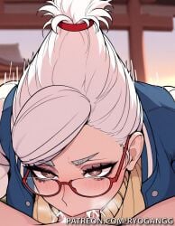 1female 1girl 1girls 2d 2d_(artwork) ai_generated ayase_seiko big_breasts big_tits blowjob blowjob_face brown_eyes cock_in_mouth cum cum_in_mouth cum_inside cumming cumming_from_oral dandadan deep_blowjob deep_penetration deepthroat glasses hair_bun high_resolution highres large_ass large_breasts large_tits light-skinned_female light_skin patreon patreon_username ryogangg white_hair