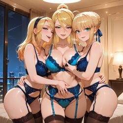 3girls ahoge ai_generated artoria_pendragon bedroom blonde blonde_female blonde_hair blue_bra blue_lingerie blue_panties blue_underwear blush bra commission crossover fate_(series) female female_only front_view grabbing_another's_breast headband league_of_legends lingerie looking_at_viewer luxanna_crownguard metroid multiple_crossover panties riot_games saber samus_aran smile stockings sweat sweatdrop tagme thighhighs underwear vertiloart