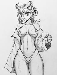 1girls aapendooors ass_visible_through_thighs bangs bikini character_request eye_patch eyepatch horns medium_breasts micro_bikini navel open_shirt ponytail shirt_down thick_thighs thin_waist thumbs_up tongue tongue_out wide_hips