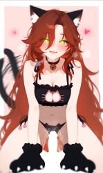 1girl1boy aroused aroused_female auburn_hair bell_choker bell_collar belly_button boobs bra breasts brown_hair cat_bell cat_bra cat_ears cat_panties cat_paws cat_tail catgirl cleavage explicit fanart fanart_from_twitter fangs glowing_eyes green_eyes heart-shaped_pupils hetero imminent_sex indie_virtual_youtuber indie_vtuber long_hair love_hearts melonprime panties parted_bangs self_upload sex_with_viewer steamy_breath straddling tail_wagging tailwag thighs underwear virtual_youtuber vtuber vtuberfanart zavalr