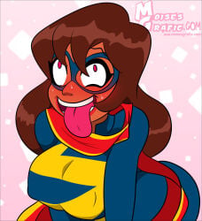 1girls ahe_gao big_breasts blush breasts brown_hair dark-skinned_female dark_skin female female_only kamala_khan marvel moisesgrafic ms._marvel nipple_bulge pleasure_face solo sweat tongue tongue_out