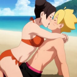 1boy 1girls adult_and_teenager age_difference ai_generated alternate_hairstyle ass ass_focus ass_grab beach before_sex bikini blonde_hair boner boruto:_naruto_next_generations brown_hair couple cowgirl_position double_bun erect_penis erection female horny horny_female imminent_sex kissing male mature_female milf nude older_female_and_younger_male outdoors seaside straddling straight swimsuit tenten uncensored uzumaki_boruto