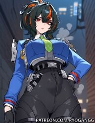 1female 1girl 1girls 2d 2d_(artwork) ai_generated black_hair black_legwear blue_jacket hair_accessory high_resolution highres hoyoverse light-skinned_female light_skin multicolored_hair orange_streaks patreon patreon_username red_eyes ryogangg thick_thighs zenless_zone_zero zhu_yuan