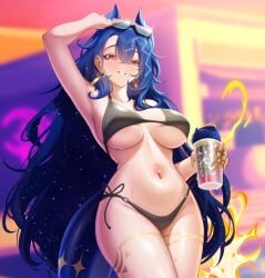 armpits big_boobs big_breasts black_bikini black_panties black_underwear blue_hair clero_art dragon_girl dragon_tail earrings gamersupps gold_earrings gold_nails gta_vi_cover_girl hair_between_eyes hand_on_head light-skinned_female long_hair navel navel_piercing red_eyes sunglasses sunglasses_on_head sweat sweatdrop sweating sweaty sweaty_body thighs tummy vienna_(vtuber)