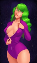 1girls 2016 beauty_mark bicksmut big_breasts breasts cleavage female green_eyes green_hair justin_bailey large_breasts metroid nintendo samus_aran solo