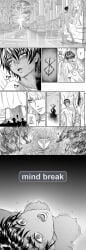 1boy 1girls berserk big_breasts black_hair blush brand_of_sacrifice casca dark-skinned_female erect_nipples forced_orgasm griffith head_thrown_back heavy_breathing in_heat long_hair manga mind_break naked nightgown nipples nude nude_female official_art open_mouth see-through see-through_clothing short_hair sweat tears