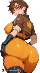 1girl ai_generated artist_name ass ass_focus ass_support blizzard_entertainment bodysuit bomber_jacket breasts brown_eyes brown_hair cross-laced_legwear ear_piercing earrings from_behind gloves goggles jacket jewelry large_breasts leather leather_jacket lena_oxton lips looking_at_viewer looking_back orange_bodysuit orange_goggles overwatch overwatch_2 patreon piercing questionable senpai_pixels sensitive short_hair simple_background smile solo thighs tight tight_pants tracer tracer_(overwatch) white_background