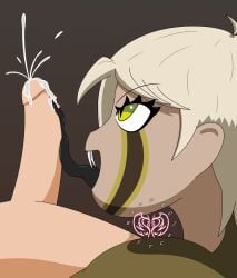 1boy 1girls assertive assertive_female blonde blonde_female blonde_hair cum cumshot dominant dominant_female ejaculation fangs femdom happy_female lamia monster_girl naga original_character original_characters projectsubby snake snake_girl tongue tongue_out tonguejob