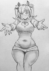 1girls aapendooors annoyed bangs big_breasts blush blushing boob_window cleavage come_here embarrassed hair_ribbon heart_cutout j_(murder_drones) murder_drones navel outstretched_arms pigtails sitting sweater thick_thighs thin_waist tight_clothing wide_hips
