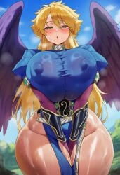 1girls ai_generated black_wings blonde_hair blushing breath_of_fire breath_of_fire_ii capcom female female_only green_eyes large_areolae large_breasts long_hair looking_at_viewer nina_(breath_of_fire_ii) nipples_visible_through_clothing no_panties pov steam sweat tharkica wings