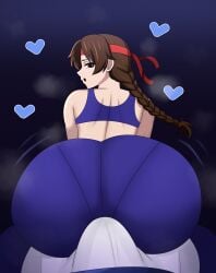 1boy 1girls absurd_res art_of_fighting ass ass_focus big_ass braid brown_hair bulge buttjob buttjob_over_clothes commission commissioner_upload erect_penis erection erection_under_clothes headband huge_ass kibou-kage king_of_fighters long_hair looking_at_viewer looking_back male_pov pantylines pov pov_crotch red_headband robert_garcia spandex tight_clothing yuri_sakazaki