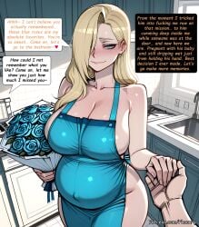 1boy 1girl ai_generated apron big_ass blonde_hair blue_eyes blush boruto:_naruto_next_generations bouquet breasts bubble_butt cleavage closed_mouth comic comic_page curvy english_text flower hair_over_one_eye highres holding holding_bouquet holding_hands huge_breasts indoors ino_yamanaka ino_yamanaka_(genin) kitchen large_breasts long_hair looking_at_viewer mature_female multiple_panels naked_apron naruto naruto_(series) naruto_shippuden patreon phanary pov pov_hands pregnant sideboob smile speech_bubble thick