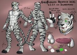 2018 amputated_fingers animal_genitalia anthro balls big_fangs black_pawpads blind_eye chest_tuft dated ear_piercing eye_patch eye_scar eyewear facial_scar fangs felid fingerpads front_view fur furgonomic_piercing furgonomics gauged_ear genital_piercing genitals green_eyes grey_body grey_fur herzog_silverfang hufnaar humanoid_genitalia humanoid_penis hybrid_genitalia hybrid_penis leg_scar male male_anthro mammal markings model_sheet muscular muscular_anthro muscular_male notched_ear nude open_mouth pantherine pawpads penile_spines penis penis_tip piercing rear_view red_penis ring_piercing scar sheath sheath_piercing sheath_ring shoulder_scar simple_background solo standing striped_arms striped_back striped_body striped_fur striped_legs striped_markings striped_neck striped_tail stripes tail tail_markings teeth tiger tuft white_balls white_body white_fur