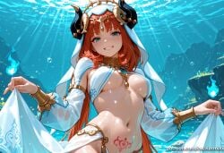 1girl ai_generated bangs blue_eyes blush bracer breasts breasts_apart brooch circlet detached_sleeves fake_horns gensin_impact grin horns jewelry kermixx long_hair long_sleeves looking_at_viewer medium_breasts navel nilou_(genshin_impact) pubic_tattoo puffy_long_sleeves puffy_sleeves red_hair see-through smile solo stomach sunlight tattoo twintails veil water wet