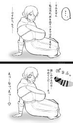 1boy 1girls anastacia_of_astora bar_censor big_breasts big_penis blush cacutcut dark_souls disembodied_penis erection female female_focus fromsoftware fully_clothed hair_bun huge_breasts japanese_text monochrome nipple_bulge penis solo_focus surprised sweat