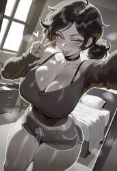 1girls ai_generated ashley_graves bedroom big_ass big_breasts black_shirt bra_strap bra_straps breasts choker dug-lith-pls grayscale heart large_ass large_breasts midriff midriff_peek monochrome peace_sign ponytail selfie shiny_skin shorts solo tagme the_coffin_of_andy_and_leyley thick_thighs v_sign