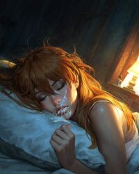 ai ai-created ai_art ai_assisted ai_generated bed bedroom cum cum_from_mouth cum_in_mouth cum_on_face face_focus female female_focus female_only ginger_female ginger_hair leaking_cum pillow red_hair sleeping solo solo_female