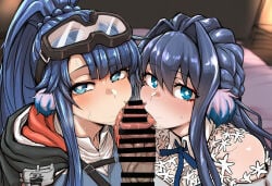 1boy 2girls ai_generated arknights astesia_(arknights) astgenne_(arknights) bird_girl blue_eyes blue_hair blue_shirt blush cooperative_fellatio fellatio hetero huge_breasts just_the_tip large_penis licking_penis licking_tip long_hair oral ponytail sisters sparkling_eyes sweat teamwork white_dress