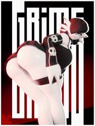 1girl 3d 3d_art 3d_render buttocks clothing coel3d detached_sleeves explicit female from_behind gardevoir garter goth goth_clothing grime_(coel3d) highres huge_ass large_ass lizard_girl logo looking_at_viewer looking_back monster_girl original_character pokemon reptile_girl skirt skull_print sleeves solo text thigh_strap visiuun white_border