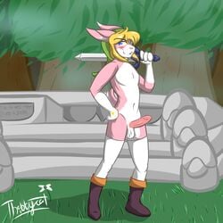 4_fingers a_link_to_the_past anthro belt blonde_hair blue_eyes boots clothed clothing erection fingers footwear fur genitals hair headgear hi_res humanoid_genitalia humanoid_penis lagomorph legwear leporid link link_(rabbit_form) male mammal melee_weapon nintendo partially_clothed penis pink_body pink_fur rabbit solo solo_male stockings sword the_legend_of_zelda thibbycat triforce video_games weapon