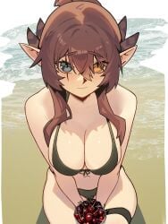 1girl 1girls absurdres bare_arms beach big_breasts bikini black_eyes breasts brown_hair cherry cleavage closed_mouth distr feather_hair female food fruit green_bikini hair_between_eyes highres indie_virtual_youtuber kumi_(vtuber) large_breasts long_hair looking_at_viewer pointy_ears scar scar_across_eye scar_on_face second-party_source sitting smile solo swimsuit thigh_strap tits virtual_youtuber vtuber water yellow_eyes