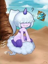 bangs_over_eyes cute cute_face dazzi_(pal) horn palworld purple_skin smile white_hair
