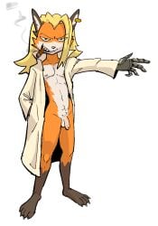 4_toes 5_fingers anthro balls bangs blonde_hair blue_eyes bottomless bottomless_male canid canine cigar cigar_in_mouth clothed clothing coat countershading ear_piercing ear_ring exposed extended_arm feet fingers flaccid foreskin fox frey_(mots) fur furrowed_eyebrows genitals grin hair hand_in_pocket hi_res hieronymusjohnson looking_at_viewer male mammal nipples no_underwear object_in_mouth open_trenchcoat orange_body orange_fur penis piercing pockets popped_collar prosthetic prosthetic_hand pubes ring_piercing robotic_hand sharp_teeth simple_background smile smoke solo standing teeth toes topwear trenchcoat unretracted_foreskin white_background