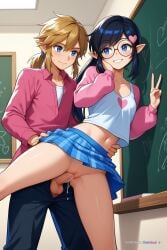 1girl against_wall ai_assisted ai_generated chalkboard checkered_skirt doggy_style doggy_style_sex dripping_pussy facing_forward forced from_behind hand_on_back hand_on_neck head_turned looking_away looking_away_from_viewer looking_forward midriff navel no_panties penny_crygor petite_girl plaid_skirt ponytail