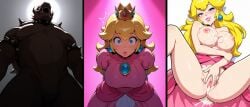 1boy 1girls after_sex ai_generated anthro blonde_hair blue_eyes bowser breasts clothing crown cum cum_in_pussy dress duo ear_piercing eyelashes female furry furry_male horns human human_female interspecies koopa light-skinned_female light_skin lipstick long_hair looking_at_viewer lying_on_back male mammal mario_(series) mature_female mature_male naughty_face nintendo nipples pink_dress pink_lipstick princess princess_peach pussy royalty silhouette split_screen straight