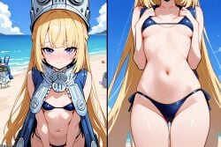 (titancore) ai_generated bangboo beach bikini_bottom bikini_top blonde_hair blushing childish curvy_figure cute_girl female female_only girl huge_hat long_hair norma_(zenless_zone_zero) norma_hollowell revealing_clothes small_breasts summer video_game_character zenless_zone_zero