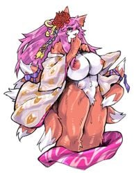 accessory anthro asian_clothing big_breasts bodily_fluids breasts canid canine clothed clothing east_asian_clothing female flower flower_in_hair fox fur genital_fluids hair hair_accessory huge_breasts japanese_clothing kemono kimono mammal multi_breast multi_tail omikuro orange_body orange_fur partially_clothed pink_hair plant pubes pussy_juice self_taste simple_background solo tasting white_background