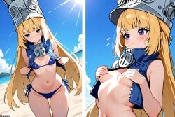 (titancore) ai_generated beach bikini_bottom bikini_top blonde_hair blushing childish curvy_figure cute_girl female girl huge_hat long_hair norma_(zenless_zone_zero) norma_hollowell revealing_clothes small_breasts summer video_game_character zenless_zone_zero