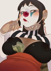 black_hair bored brown_eyes clown clown_girl clown_makeup clown_nose dark_hair face_paint freckles ortamaw prostitution red_lips red_nose striped striped_clothing stripes virtual_youtuber