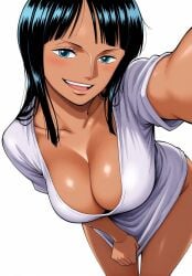 ai_generated big_breasts big_legs blue_eyes brunette brunette_female covering_pussy looking_at_viewer nico_robin one_piece open_mouth provocative_clothing provocative_pose selfie sexy_female taking_picture wide_hips yashin