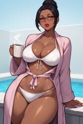 ai_generated bathrobe bikini black_hair cleavage coffee_mug dark_skinned_female eyelashes female female_only front-tie_bikini_top glasses hand_on_surface holding_coffee_mug holding_mug hourglass_figure jacuzzi large_breasts leaning_back lipstick mature_female midriff milf mommy narrow_waist one_leg_forward open_bathrobe open_robe pelvic_line purple_eyes rgomez007 self_upload sidelocks simple_background skindentation slight_smile solo_female stable_diffusion thick_lips thick_outline thick_thighs tied_clothing underboob updo white_bikini wide_hips