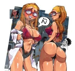 1boy 1girls ass beard big_breasts big_hero_6 black_underwear blonde_hair blush blushing bra breasts bush cleavage disney dreadlocks female female_focus flashing_breasts glasses green_eyes headband honey_lemon jonymascara labcoat long_hair looking_at_viewer looking_back male marvel marvel_comics nerdy_female open_labcoat pink_bra pubic_hair purple_lips purple_lipstick reaction_shot reddmasc reference_image sideboob text text_bubble thick_thighs thighs underwear wasabi-no-ginger white_background