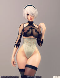 1girls 3d b69 busty female_only looking_at_viewer nier:_automata see-through see-through_clothing short_hair simple_background tagme thick_lips thigh thigh_boots yorha_2b