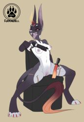 2020 5_fingers anthro black_sclera canid canine canis digital_media_(artwork) female fingers furkinghell gun hi_res holding_gun holding_object holding_weapon jackal mammal medium_breasts open_mouth ranged_weapon smile solo teeth toes tongue weapon