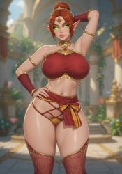 1girls ai_generated architecture armlet armpit_crease armpits auburn_hair bangle belly_button blizzard_entertainment blood_elf bow_knot bracers bun_hair busty circlet cloth_belt corridor criss-cross_straps dancer dancer_outfit earrings elf elf_ears elf_female eyelashes fabric_belt fantasy fantasy_world female female_only glowing_eyes gold_trim green_eyes hair_bun hair_ornament hand_on_hip hourglass_figure large_breasts light-skinned_female long_eyebrows looking_at_viewer midriff narrow_waist necklace nipples_visible_through_clothing one_arm_behind_head one_hand_on_hip outdoors pubic_hair_peek revealing_clothes rgomez007 seductive_look self_upload side_swept_bangs skimpy_clothes slight_smile solo_female stable_diffusion thick_lips thick_thighs thighhighs tied_clothing warm_lighting wide_hips world_of_warcraft