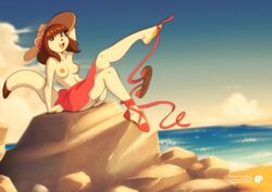 anthro breasts casual_topless clothing feet female footwear fox-pop genitals hair hat headgear headwear lutrine mammal mustelid naked_skirt outside pussy raised_leg seaside sitting skirt_only solo toes