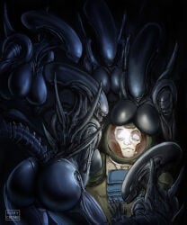 1boy 5girls alien alien_(franchise) alien_girl armor_plates black_carapace exoskeleton female_xenomorph highres imminent_sex kory_cromie large_ass large_breasts predator/prey sharp_claws sharp_teeth smile surrounded tail xenomorph