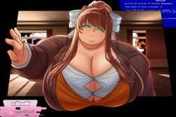 1girls 2026 alternate_version_available artist_name bbw breaking_the_fourth_wall button_gap color doki_doki_literature_club educabezon fat green_eyes huge_breasts looking_at_viewer massive_breasts monika_(doki_doki_literature_club) ponytail tagme wardrobe_malfunction