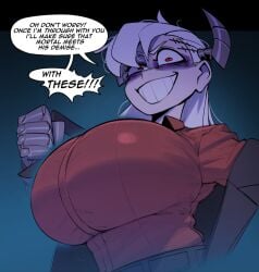 big_breasts clothed_female demon demon_girl demon_horns helltaker horned_female krekk0v no_sex red_eyes smiling