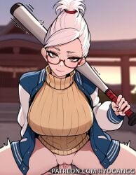 1female 1girl 1girls 2d 2d_(artwork) ai_generated ayase_seiko big_breasts big_tits brown_eyes dandadan fucking girl_on_top glasses hair_bun high_resolution highres large_ass large_breasts large_tits light-skinned_female light_skin patreon patreon_username ryogangg sex sexual_intercourse white_hair
