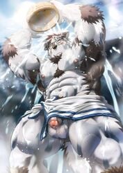 1boy abs ainu_clothes arms_up bara bathing bucket flaccid foreskin from_below furry headband highres horkeukamui looking_down male_focus male_only muscles navel nipples penis rossciaco solo testicles tokyo_afterschool_summoners tokyo_houkago_summoners towel_around_waist wet wet_towel wooden_bucket yellow_eyes