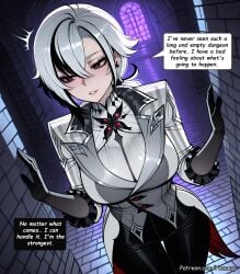 1girl ai_generated arlecchino_(genshin_impact) big_ass black_eyes black_gloves black_hair black_pants blush breasts bubble_butt comic comic_page curvy english_text genshin_impact gloves hair_between_eyes highres hoyoverse huge_breasts jacket jewelry large_breasts long_sleeves mihoyo multicolored_hair multiple_panels pants parted_lips patreon_username phanary red_pupils short_hair snezhnaya_girls solo speech_bubble streaked_hair symbol-shaped_pupils thick thighs tight_pants web_address white_hair x-shaped_pupils