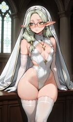 ai_assisted ai_generated blushing blushing_face blushing_female church church_background church_clothes church_interior church_stained_glass cross_earrings cross_necklace crucifix crucifix_earrings crucifix_piercing daughter day daylight daytime elf elf_ears elf_female elf_girl elf_princess exposed_skin fair-skinned_female flustered flustered_female glasses glasses_on_face green_eyes green_hair indoor indoors light_green_hair looking_away nervous_face nervous_female nun_hat nun_headdress nun_outfit pointy_ears priest priestess revealing_clothes revealing_clothing round_glasses shy_expression shy_female shy_girl white_gloves white_nun_headdress white_stockings white_thighhighs young_elf
