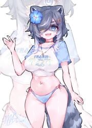 1girl 1girls 3am animal_ears big_breasts bikini blue_bikini blue_eyes blue_flower blue_hair blue_shirt blue_tail breasts colored_skin cropped_shirt eye_mask female flower hair_flower hair_ornament heterochromia hibiscus highres jewelry large_breasts looking_at_viewer ma_draws mask navel navel_piercing necklace open_mouth piercing pink_skin raccoon_ears raccoon_girl raccoon_tail shirt short_hair snuffy solo star_(symbol) star_hair_ornament star_necklace swimsuit tail thighs tits two-tone_shirt virtual_youtuber vtuber white_background white_shirt yellow_eyes