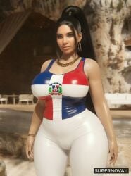 1girl 1girls 3d ai_generated ass beach beach_background big_butt bimbo black_hair cyberpunk_2077 dominican dominican_flag female female_only high_quality latina latina_female leggings lips looking_at_viewer massive_breasts mature mature_female nails panam_palmer ponytail ponytail_female sfm straight straight_hair tank_top thick_ass thick_thighs thighs tight_clothing tropical white_legwear wide_hips yoga_pants